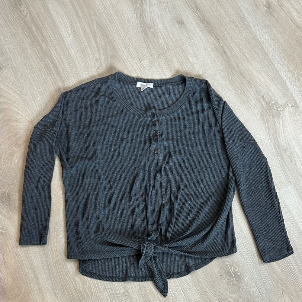 Women's Gray Tie-Front Ribbed Top, Size Large